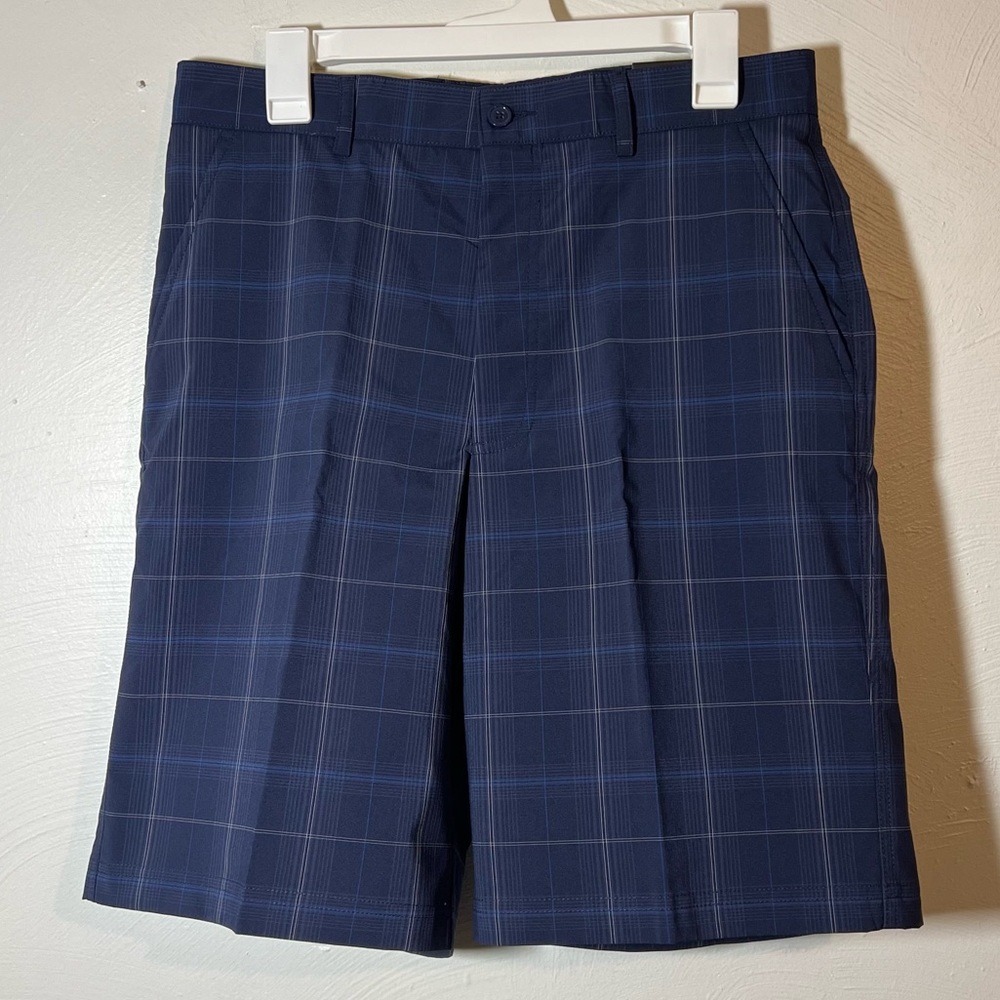 Cypress Club Mens Flat Front Blue Stretch Plaid Golf Shorts Size 32 NWT